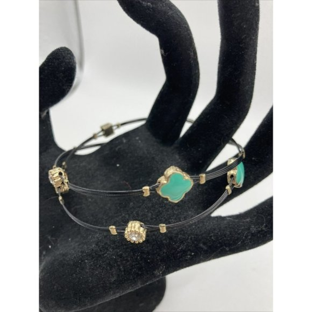 Green Enamel Clover Black Coated Wire Gold‎ TOne Clear Crystal Bangle Bracelet
